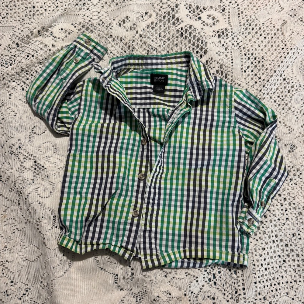 Holiday Editions Boys Green Gingham Long Sleeve Button Down Shirt Top Size 2T